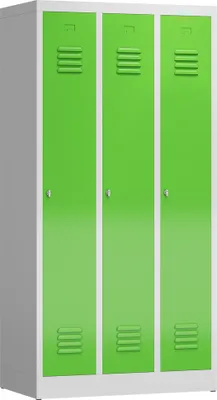 A three-door locker cabinet in a light gray and lime green color scheme, set against a plain white background.