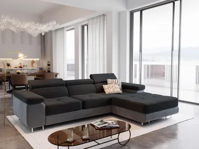 Produktbild von Masseno Ecksofa ELMA R-S mit Schlaffunktion L-Form, Sofa mit Bettkasten, Wohnzimmersofa, Couch, Soffa, Bettsofa, Couchgarnitur- Schwarz, MONOLITH 95 + MONOLITH 84