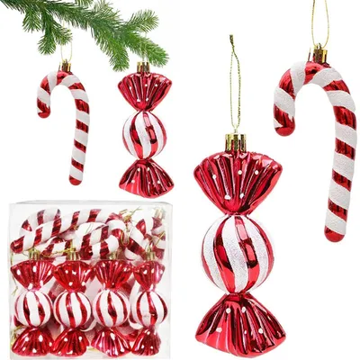 Image de Décorations de Noël : boules et sucettes, ensemble de 12 pièces, rouge et blanc