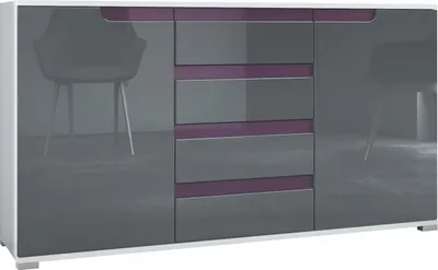 Produktbild von Vladon Sideboard Sylt V1, Kommode mit 2 Türen und 4 Schubladen, Korpus - Weiß matt / Front - Grau Hochglanz / Absetzung - Brombeer Hochglanz (138,5 x 75,5 x 35 cm)