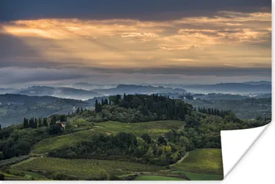 Produktbild von MuchoWow® Poster Sonnenstrahlen beleuchten die italienische Hügelkuppe in der Nähe der Stadt San Gimignano in der Toskana 60x40 cm - Schlafzimmerdekoration