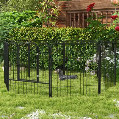 Produktbild von Welpenlaufstall 8-teilig, abschließbare Tür Welpengehege Stahl, Schwarz | 80 cm hoch | 14,8 kg | Erdspieße & In- & Outdoor