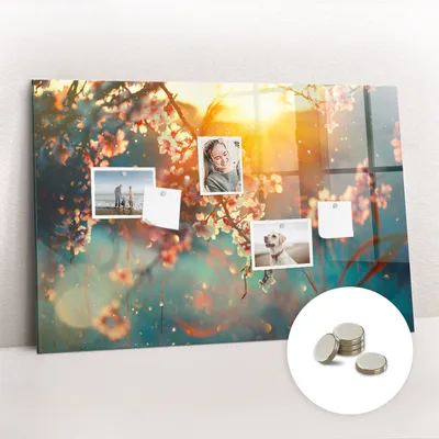 Obrázek produktu pro Magnetická Tabule na Zeď Skleněná - Memo Board Kleněnou Přední Stranou - 5 magnetů v balení - 90x60 cm - Jarní květiny