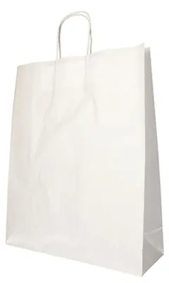Immagine prodotto di Sacchetto di carta PAPSTAR, 400 x 320 x 120 mm, bianco, in carta kraft, 80 g/mq, capacità di carico: 8 kg, con cordino di trasporto
