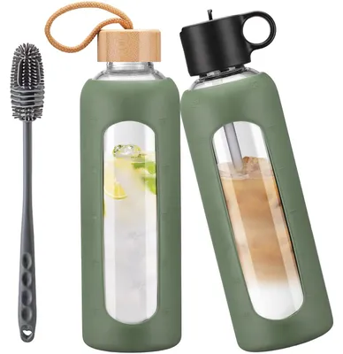 Produktbild von 700 ml Glas Wasserflasche mit 2 Deckeloptionen, Zeitmarkierung