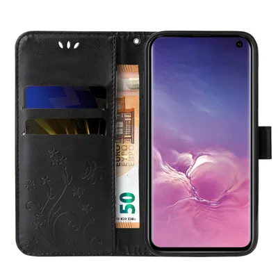 Produktbild von Handyhülle für Samsung Galaxy S10 Floral Blumen Schmetterling Flip Cover Hülle Case Klapphülle Handytasche Farbe: Schwarz