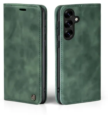 A green flip case for a smartphone, shown from two angles.