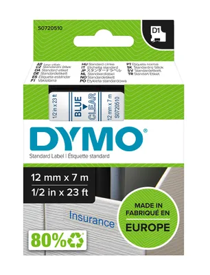 Produktbild von DYMO Original D1-Etikettenband | blau auf transparent | 12 mm x 7 m | selbstklebendes Schriftband | für LabelManager-Beschriftungsgerät