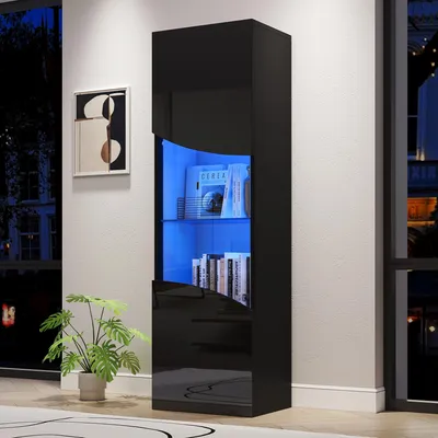 Image de Vitrine Merax haute, finition brillante, avec éclairage LED et 4 niveaux de rangement ; vitrine étroite avec portes vitrées et motif ondulé concave, blanche
