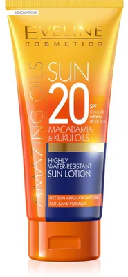 Produktbild von Eveline Cosmetics, Amazing Oils, Macadamiaö l, pflegende Sonnenschutzlotion, SPF20, 200 ml