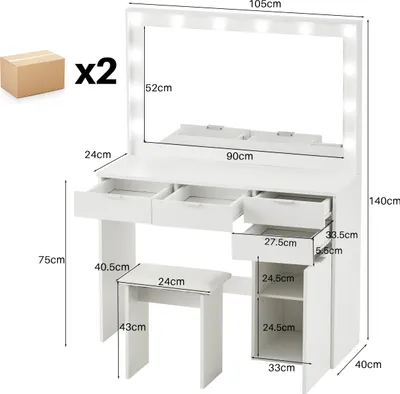 Image de CLIPOP Coiffeuse avec tabouret, 105x40x140cm 4 tiroirs Coiffeuse, Lumière LED incluse