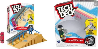 Two Tech Deck fingerboard sets with ramps are displayed side-by-side against a white background. The set on the left features a ramp with stairs and a rail, while the set on the right shows a bowl-shaped ramp.