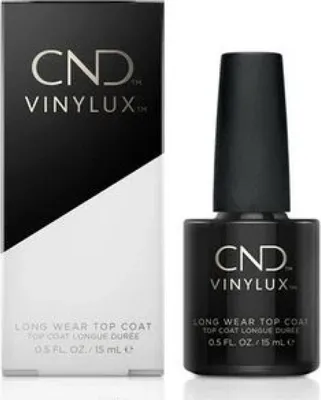 A product shot of CND Vinylux Long Wear Top Coat, with its packaging on the left and the bottle on the right.