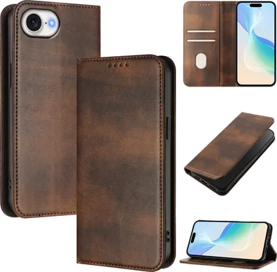 Produktbild von Handyhülle für iPhone 16e/iPhone 17e, Vintage Leder RFID Schutz Kartenfach Standfunktion Magnetische Klapphülle Braun