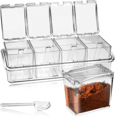 Produktbild von 4er-Pack Küchengewürzboxen aus Acryl, transparente Gewürzbehälter mit Löffeln und Deckeln für Salz, Pfeffer, Zucker und andere Gewürze.