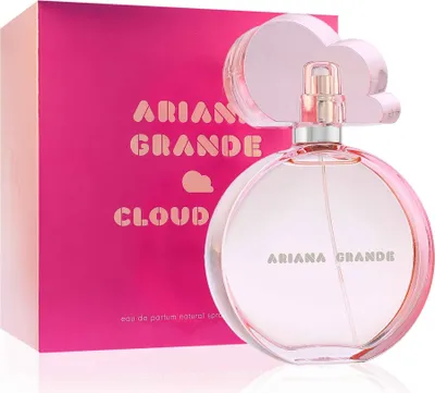 A bottle of Ariana Grande Cloud perfume and its pink box packaging are displayed against a white background.