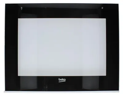 A close-up view of a Beko oven door, featuring a black frame and a frosted white glass panel with the Beko logo below it.
