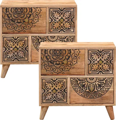 Produktbild von Marrakesch Boho 2er Set Nachttisch kleine Kommode mit Schubladen aus Holz 55cm hoch | Beistelltisch für Schlafzimmer oder Kinderzimmer als Orientalische Möbel | Skandinavische Nachttische klein Narjo