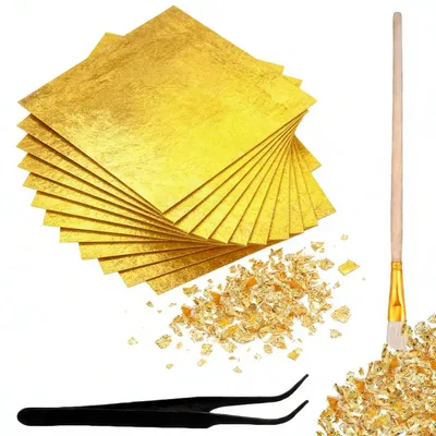 Produktbild von Blattgold Dekorationsset 200 Stück 14x14cm mit Pinzette & Pinsel