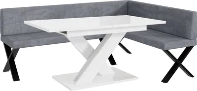Produktbild von MEBLINI Eckbank für Esszimmer mit ausziehbarem Tisch - Küchenbank - Essecke - Sitzecke Küche - TONI - X-Beine 142x196x87cm Rechts - Grau Samt/B Weiß Hochgl.