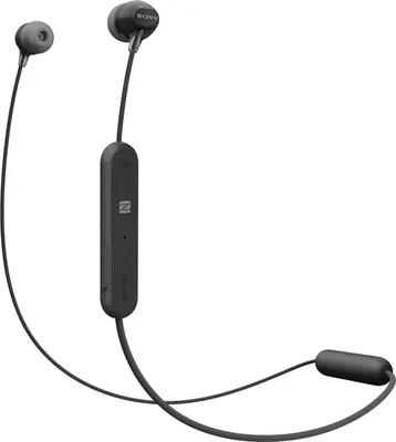 A pair of black Sony wireless earbuds with a control module.