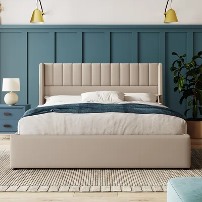 Produktbild von Polsterbett mit Lattenrost aus Metallrahmen Doppelbett Erwachsenenbett Stauraumbett Leinen 180x200cm Beige