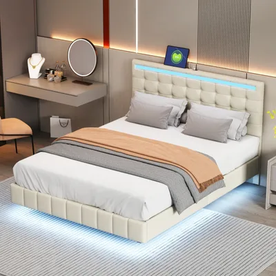 Produktbild von Polsterbett 140x200 cm mit LED-Beleuchtung, verstellbarem Kopfteil, Lattenrost, Leinenstoff, Beige, modernes Design, ideal für Schlafzimmer, komfortabel und funktional