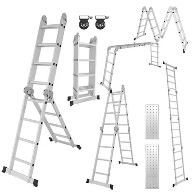 Image de Échelle pliante télescopique – Jusqu'à 470 cm – Aluminium – Avec roulettes et pieds antidérapants