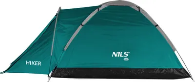 A teal and gray camping tent is shown against a white background.
