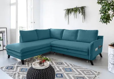 Produktbild von MIUFORM Charming Charlie - Ecksofa mit Bettfunktion und Bettkasten L-FORM LINKS - 234x200cm - Türkis - Sofa Schlafsofa Couch