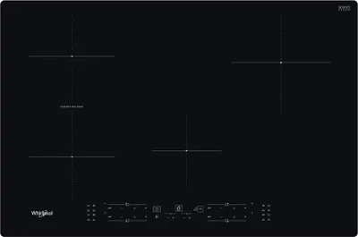 A top-down view of a black induction cooktop with four heating zones marked by white lines. The control panel is visible at the bottom.