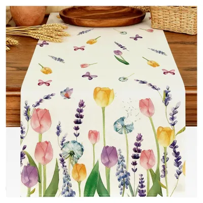 Produktbild von Tischdecke Frühling 183×33 cm – Abwaschbarer Tischläufer mit Tulpen und Schmetterlingen für Frühlingsdeko, Esszimmer und Küche – Tischdeko im Aquarellstil