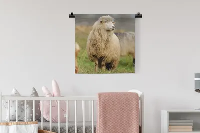 Produktbild von MuchoWow® Wandteppich Wandbehang Schafe - Wolle - Gras 60x60 cm Tapisserie Dekoration Wandtuch - Dekorationen - Wand Decke