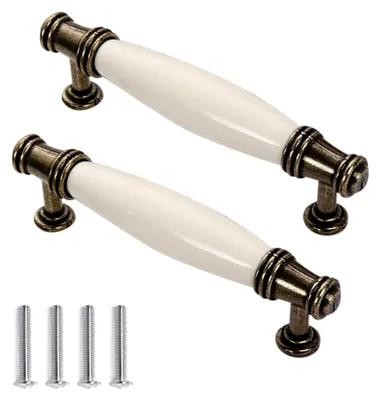 Produktbild von 2 Stück Schrankgriff Vintage Keramik Weiß Bogengriffe Türknöpfe Schubladengriff Möbelgriff Küchengriff Antik 96mm