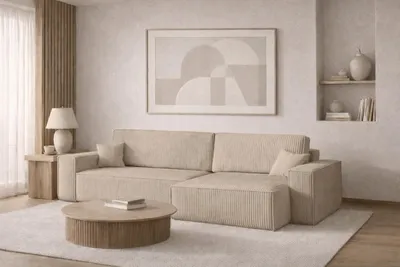 Image de Canapé d'angle avec fonction sommeil et coffre de lit BEST XL, tissu Poso velours côtelé épais, beige foncé, droite