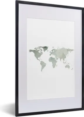 Produktbild von MuchoWow® Gerahmtes Poster Weltkarte - Minimalismus - Grau 40x60 cm - Poster mit Schwarzem Bilderrahmen Wandposter Rahmen Foto Bilder - Poster in Rahmen