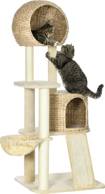 Zdjęcie produktu dla Drapak dla kota z rattanowym domek dla kota, wiele platform, hamak i rampa, zabezpieczenie przed przewróceniem, plusz, beżowy, 60 x 60 x 150 cm