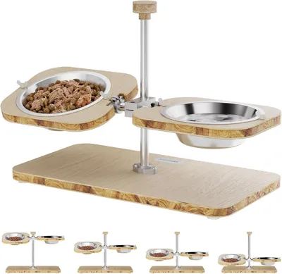 Image de Station d'alimentation surélevée pour chats, en bois, avec des gamelles en acier inoxydable, réglable en hauteur, pour 2 gamelles