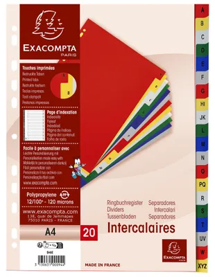 Produktbild von Exacompta Registerordner aus farbigem Polypropylen (PP) mit alphabetischer Beschriftung, DIN A4, 20 Fächer, 120µ