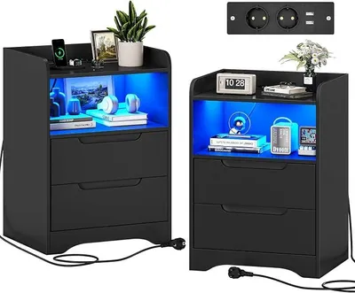 Produktbild von Nachttisch 2er Set Nachttische mit Ladefunktion und LED-Licht Nachtschrank 2er Set mit 2 Schubladen Nachttisch Schwarz Beistelltisch Schwarz Couchtisch Sofatisch für Schlafzimmer, Wohnzimmer