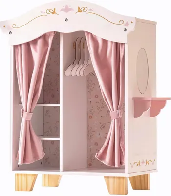 Produktbild von Holz-Puppenschrank, 5 Kleiderbügel, Spiegel, Samtvorhänge, für Puppen 16-20 Zoll, für Kinderzimmer