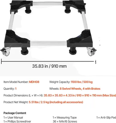 Immagine prodotto di Carrello per mobili, base mobile regolabile, portata 500 kg, 1100 LBS