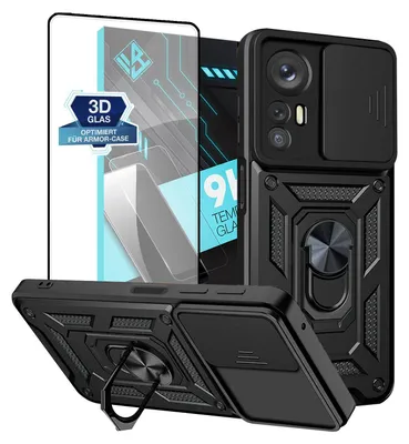 A black phone case and screen protector are displayed with marketing graphics.