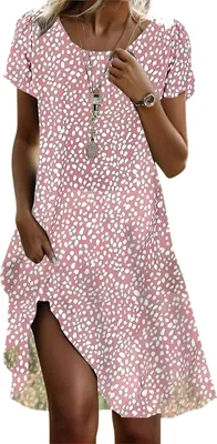 Produktbild von ASKSA Damen Sommerkleid Laessig Sommer Boho Kleid Elegant Blumendruck Maxikleid Kurzarm A-Linie Strandkleid (Hellrosa,XXL)