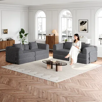 Zdjęcie produktu dla [Opatentowana konstrukcja] Rozkładana sofa typu chenille 2 w 1 z schowkiem w podłokietniku, trzema metalowymi stelażami i wieloma możliwościami konfiguracji, kolor zielony