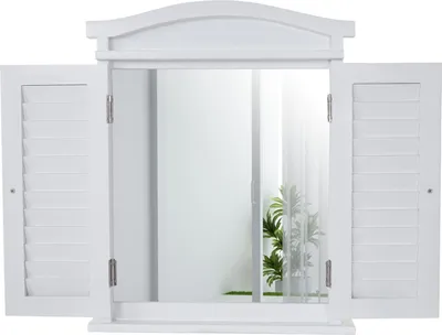 A white mirror with shutter-style doors that open and close.