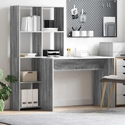Imagen del producto de Escritorio, color gris, estilo Sonoma, 138,5 x 55 x 143 cm, madera, con estantes
