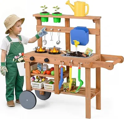 Produktbild von Matschküche Kinder Outdoor, Spielküche mit Wassertank & Wasserhahn | Kinderküche mit Rädern, Spüle, 2 Blumentöpfen, Gartenspielzeug & Kochzubehör, Gartenspielküche für Kinder ab 3 Jahren