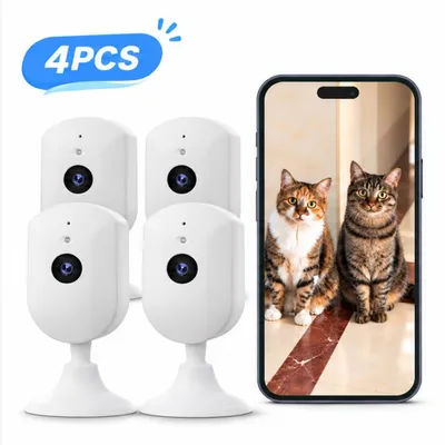 Zdjęcie produktu dla Kamera monitoringu wewnętrznego 4MP do obserwacji zwierząt domowych, z aplikacją, kamera Wi-Fi 2.5K do użytku wewnątrz, z czujnikiem ruchu, dwukierunkowym audio i automatycznym śledzeniem, zestaw 4 sztuki