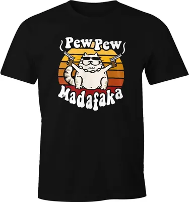 Produktbild von Herren T-Shirt Pew Pew Madafaka Katze Crazy Cat Gangsta Kitty Meme Trend Spruch Fun-Shirt Moonworks® schwarz XS